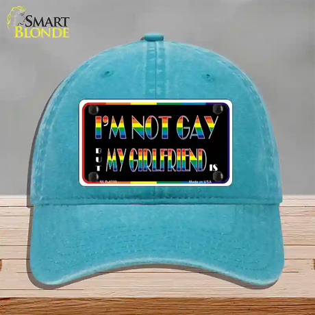 Im Not Gay But My Girlfriend Is Novelty License Plate Hat Unconstructed Cotton / Lake Blue