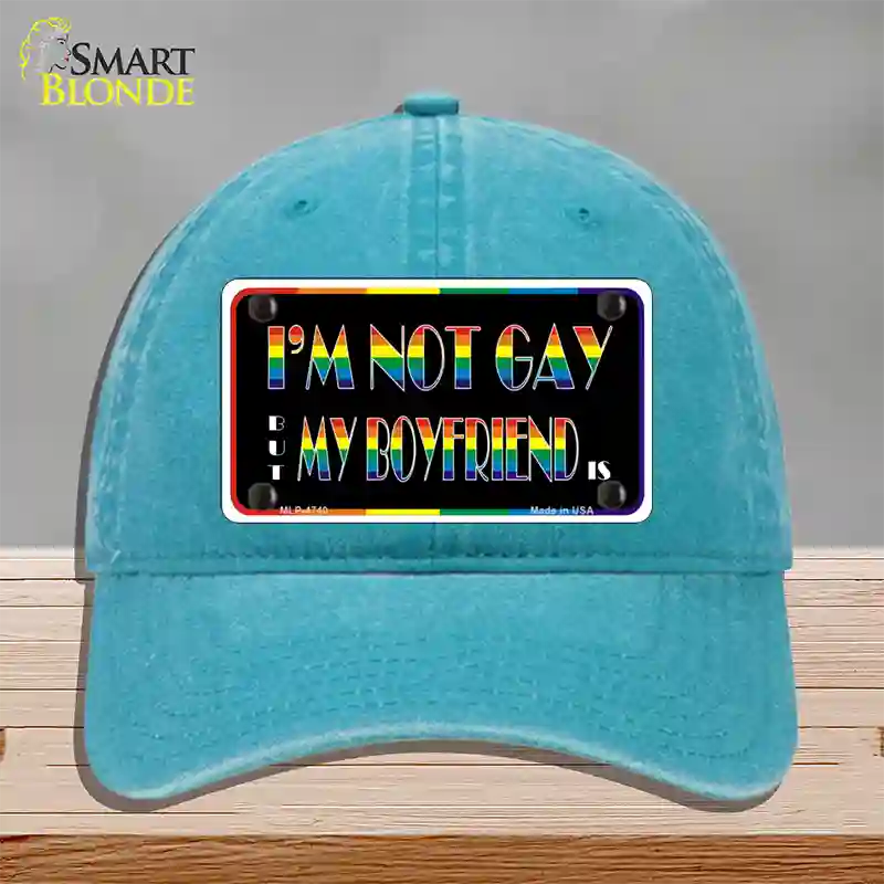 Im Not Gay But My Boyfriend Is Novelty License Plate Hat Unconstructed Cotton / Lake Blue