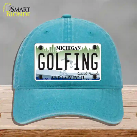 Golfing Michigan State Novelty License Plate Hat Unconstructed Cotton / Lake Blue