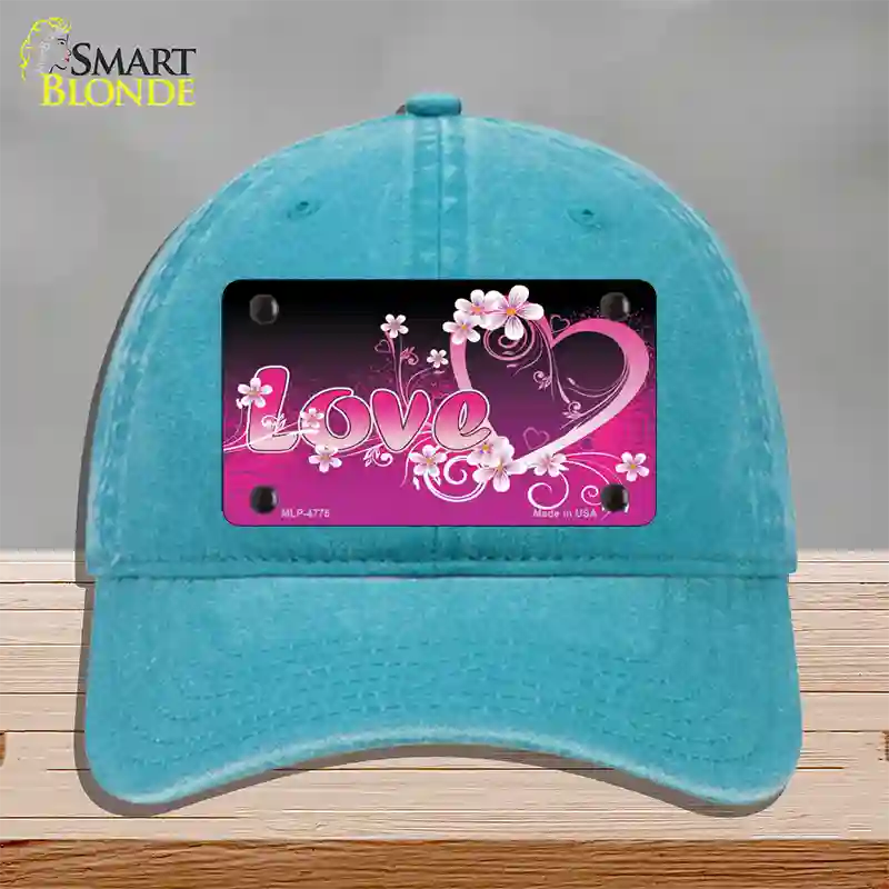 Love Heart And Flowers Novelty License Plate Hat Unconstructed Cotton / Lake Blue