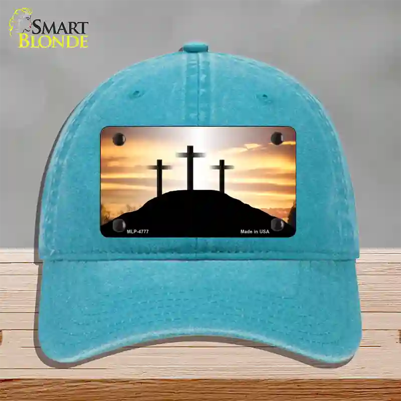 Three Crosses Sunset Novelty License Plate Hat Unconstructed Cotton / Lake Blue