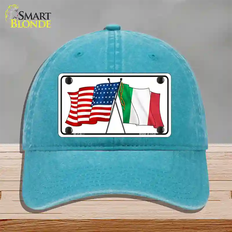 United States Italy Crossed Flags Novelty License Plate Hat Unconstructed Cotton / Lake Blue