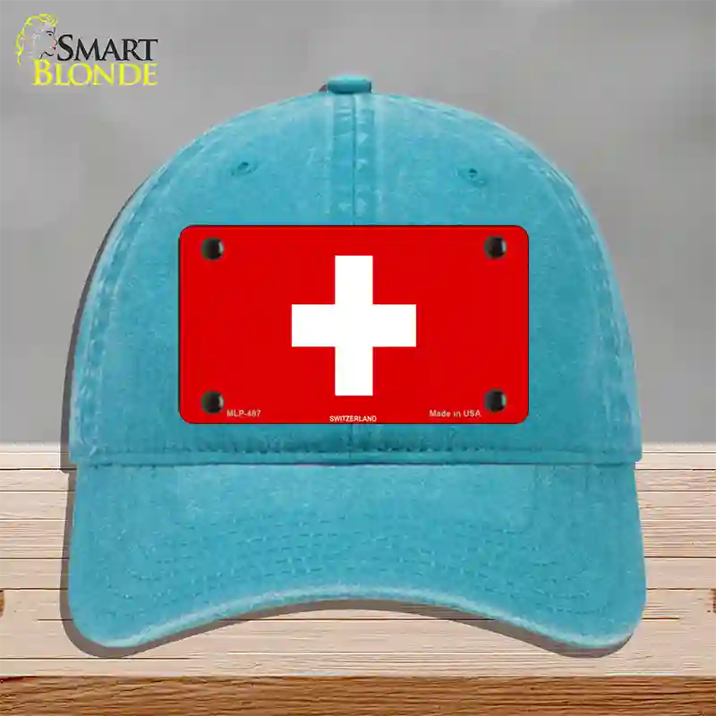 Switzerland Flag Novelty License Plate Hat Unconstructed Cotton / Lake Blue