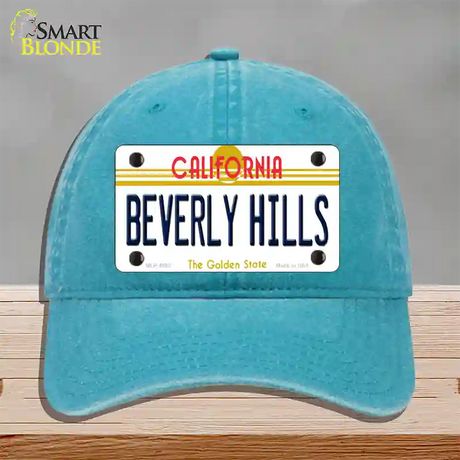 Beverly Hills California Novelty License Plate Hat Unconstructed Cotton / Lake Blue