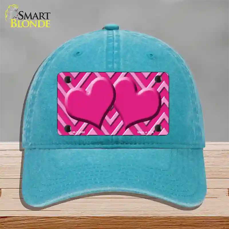 Pink Light Pink Heart Large Chevron Novelty License Plate Hat Unconstructed Cotton / Lake Blue