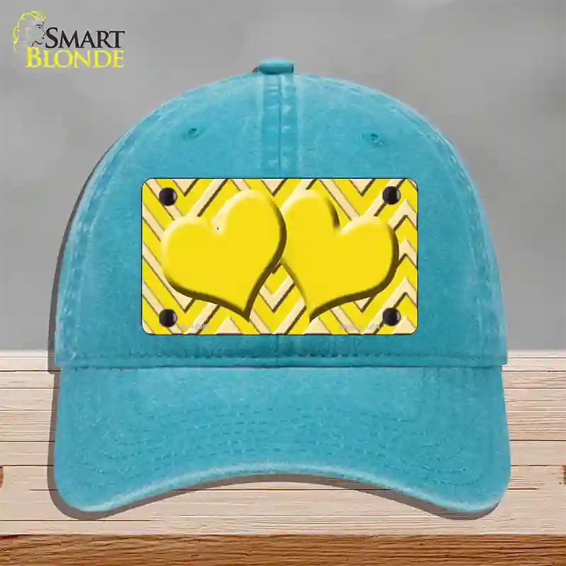 Yellow Light Yellow Heart Large Chevron Novelty License Plate Hat Unconstructed Cotton / Lake Blue