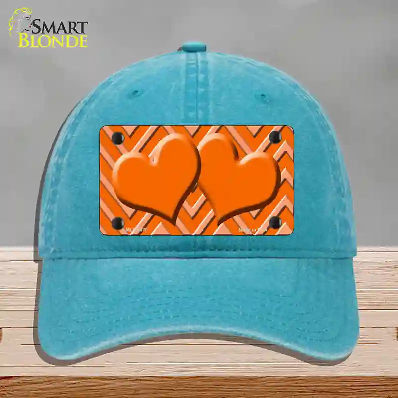 Orange Light Orange Heart Large Chevron Novelty License Plate Hat Unconstructed Cotton / Lake Blue