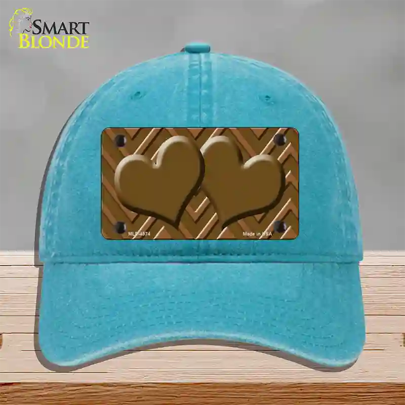 Brown Light Brown Heart Large Chevron Novelty License Plate Hat Unconstructed Cotton / Lake Blue