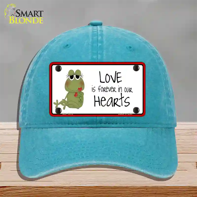 Love In Our Hearts Frog Novelty License Plate Hat Unconstructed Cotton / Lake Blue