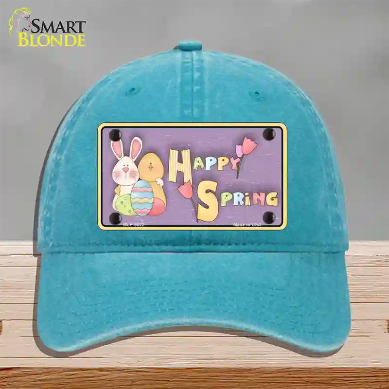 Happy Spring Yellow Novelty License Plate Hat Unconstructed Cotton / Lake Blue