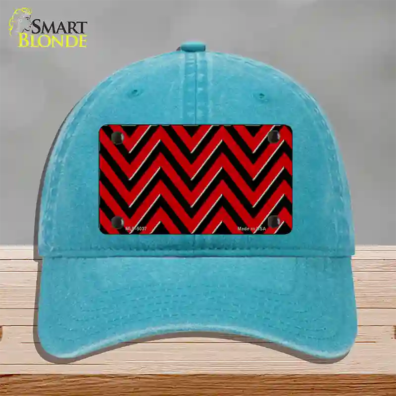 Red Black Chevron Novelty License Plate Hat Unconstructed Cotton / Lake Blue