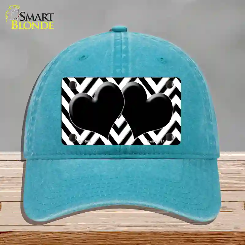 White Black Chevon Hearts Novelty License Plate Hat Unconstructed Cotton / Lake Blue