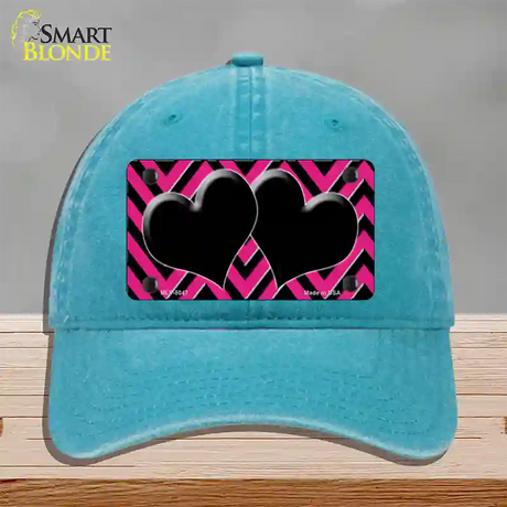 Pink Black Chevon Hearts Novelty License Plate Hat Unconstructed Cotton / Lake Blue