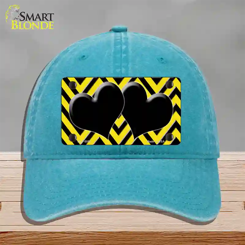 Yellow Black Chevon Hearts Novelty License Plate Hat Unconstructed Cotton / Lake Blue