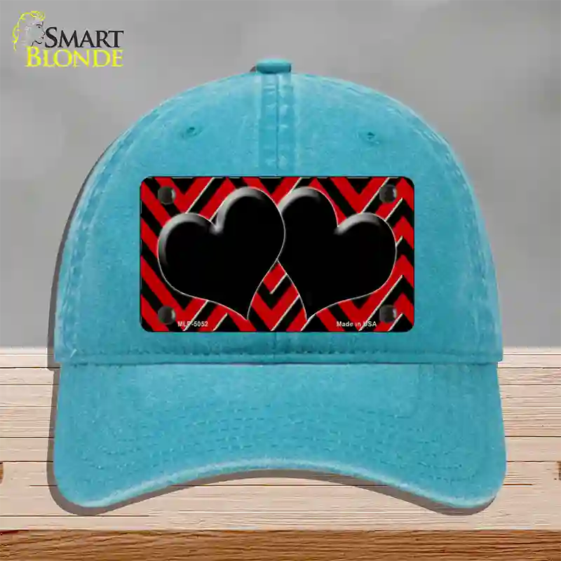 Red Black Chevon Hearts Novelty License Plate Hat Unconstructed Cotton / Lake Blue