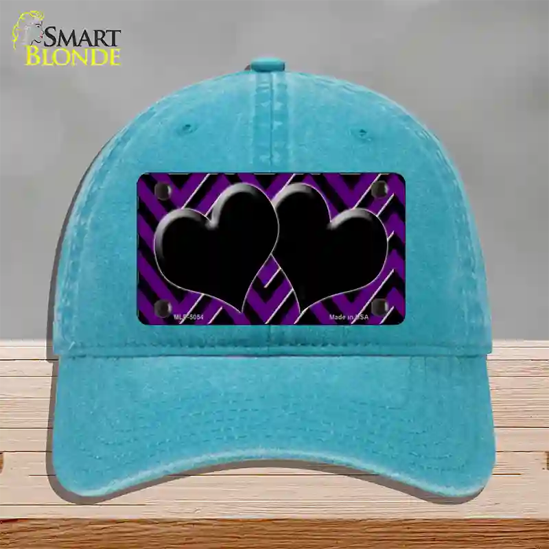 Purple Black Chevon Hearts Novelty License Plate Hat Unconstructed Cotton / Lake Blue