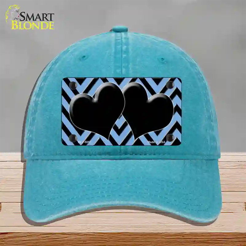 Light Blue Black Chevon Hearts Novelty License Plate Hat Unconstructed Cotton / Lake Blue