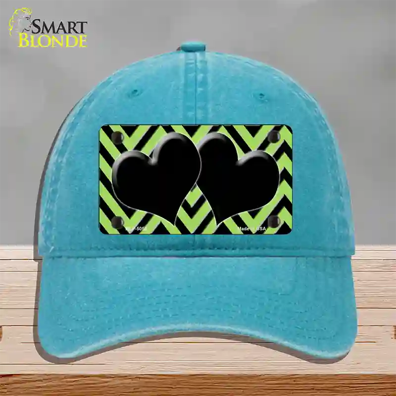 Lime Green Black Chevon Hearts Novelty License Plate Hat Unconstructed Cotton / Lake Blue