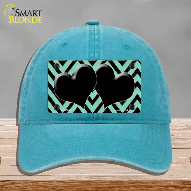 Mint Black Chevon Hearts Novelty License Plate Hat Unconstructed Cotton / Lake Blue