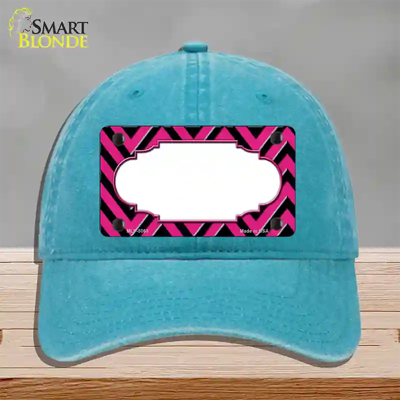 Pink Black Chevron Scallop Novelty License Plate Hat Unconstructed Cotton / Lake Blue