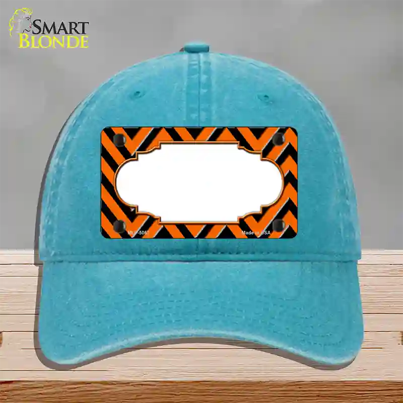 Orange Black Chevron Scallop Novelty License Plate Hat Unconstructed Cotton / Lake Blue