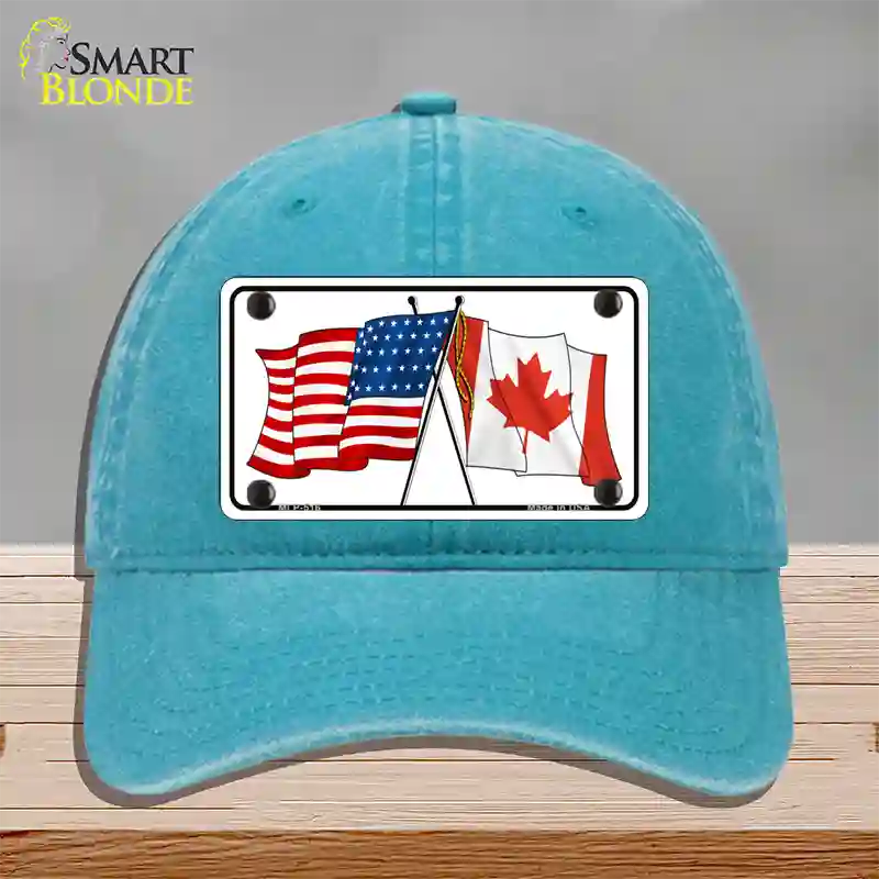 United States Canadian Flag Novelty License Plate Hat Unconstructed Cotton / Lake Blue