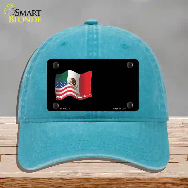 Mexican American Flag Offset Novelty License Plate Hat Unconstructed Cotton / Lake Blue