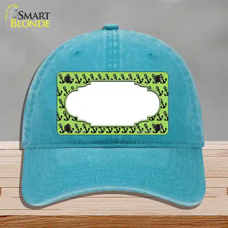 Lime Green Black Anchor Scallop Center Novelty License Plate Hat Unconstructed Cotton / Lake Blue