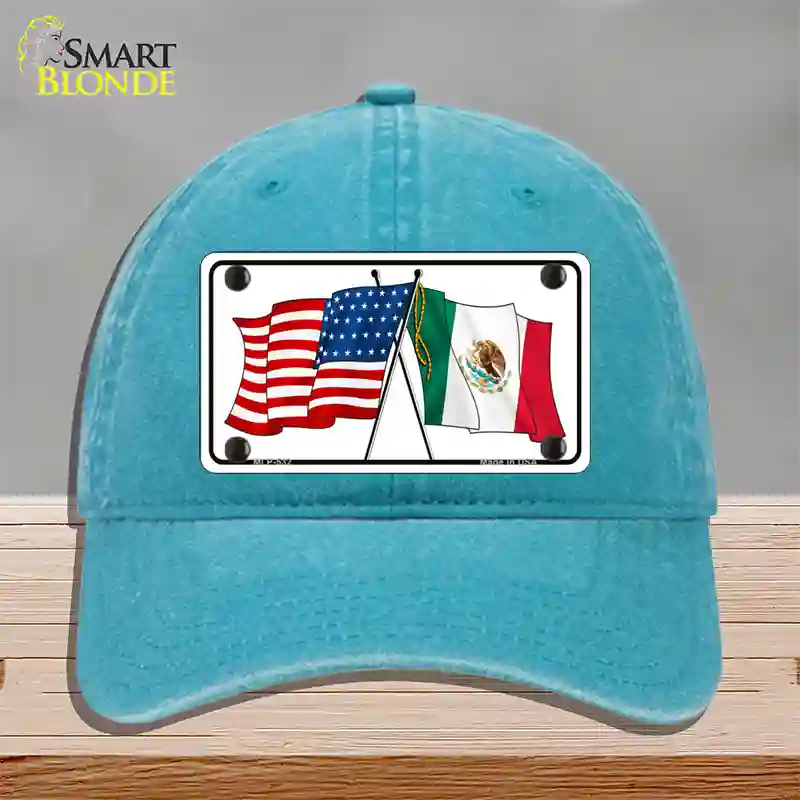 United States Mexico Flag Novelty License Plate Hat Unconstructed Cotton / Lake Blue