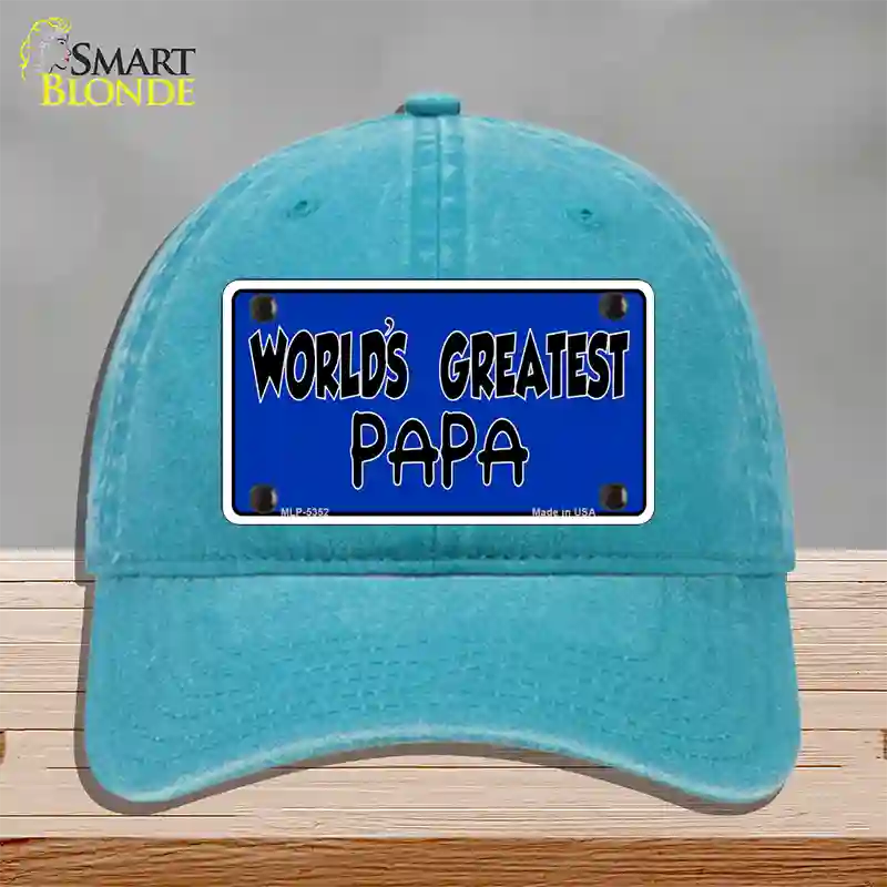 Worlds Greatest PaPa Novelty License Plate Hat Unconstructed Cotton / Lake Blue