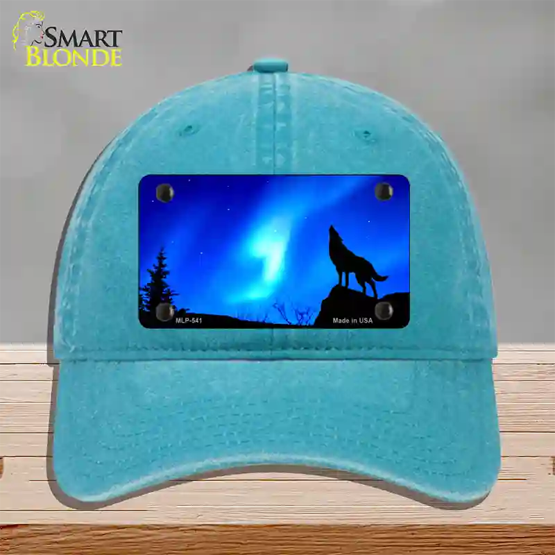 Wolf Howling Novelty License Plate Hat Unconstructed Cotton / Lake Blue