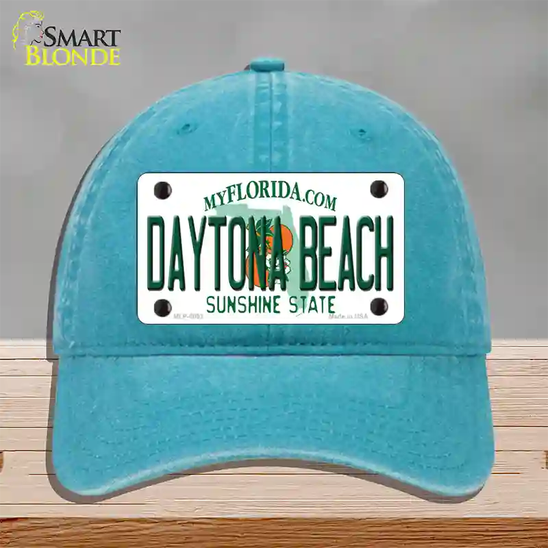 Daytona Beach Florida Novelty License Plate Hat Unconstructed Cotton / Lake Blue