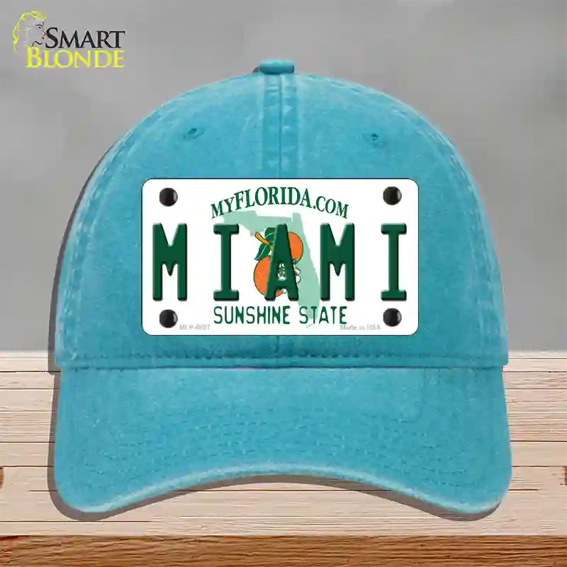 Miami Florida Novelty License Plate Hat Unconstructed Cotton / Lake Blue