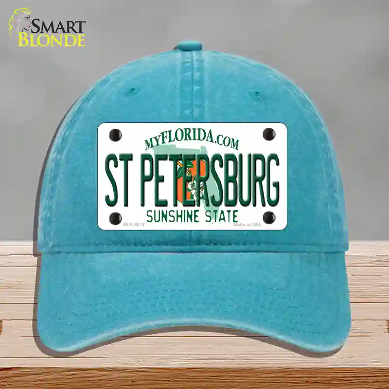 St Petersburg Florida Novelty License Plate Hat Unconstructed Cotton / Lake Blue