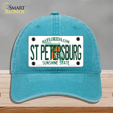 St Petersburg Florida Novelty License Plate Hat Unconstructed Cotton / Lake Blue