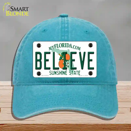 Believe Florida Novelty License Plate Hat Unconstructed Cotton / Lake Blue