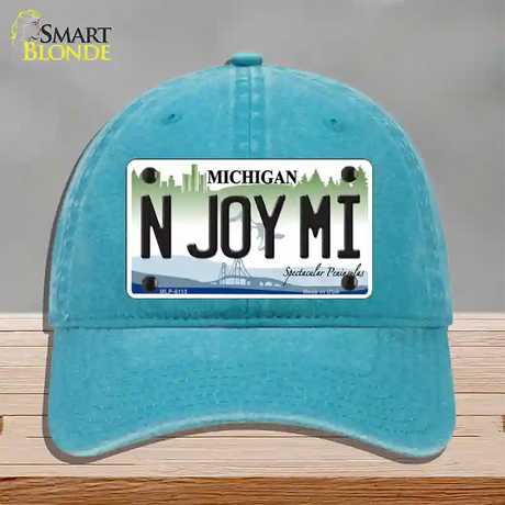 N Joy Mi Michigan Novelty License Plate Hat Unconstructed Cotton / Lake Blue