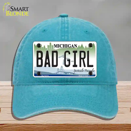 Bad Girl Michigan Novelty License Plate Hat Unconstructed Cotton / Lake Blue