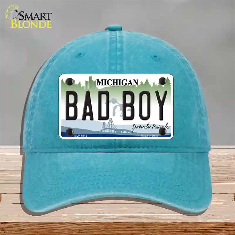 Bad Boy Michigan Novelty License Plate Hat Unconstructed Cotton / Lake Blue