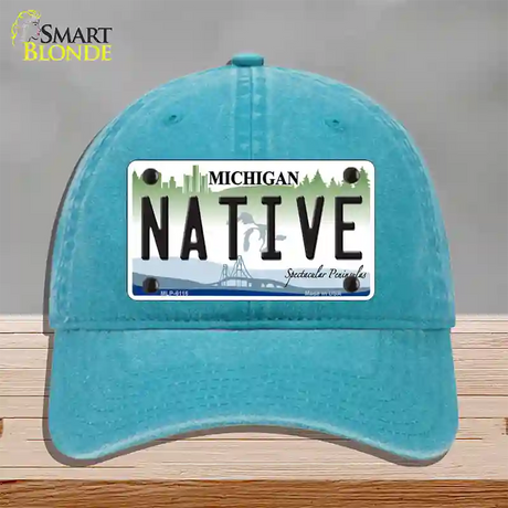 Native Michigan Novelty License Plate Hat Unconstructed Cotton / Lake Blue