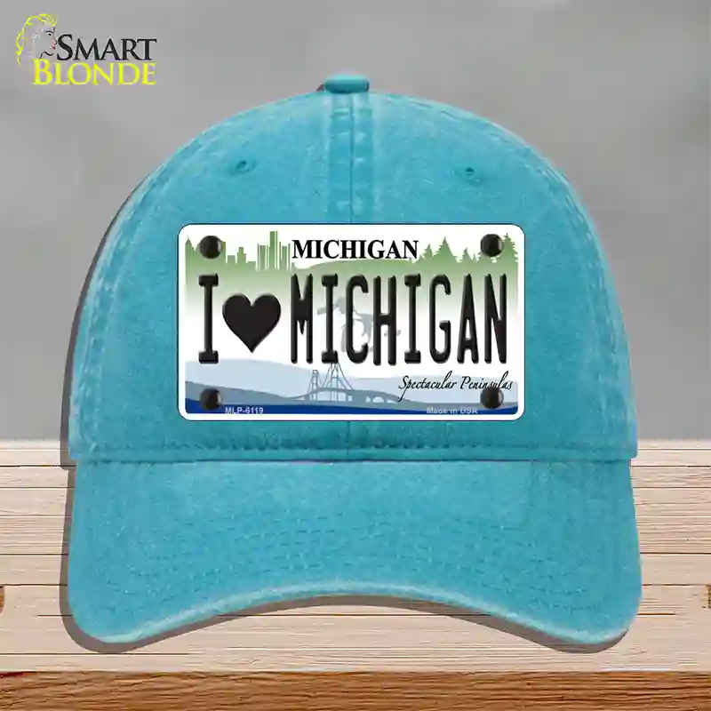 I Love Michigan Novelty License Plate Hat Unconstructed Cotton / Lake Blue