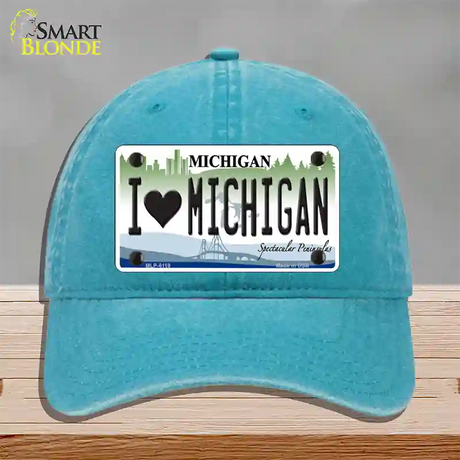 I Love Michigan Novelty License Plate Hat Unconstructed Cotton / Lake Blue