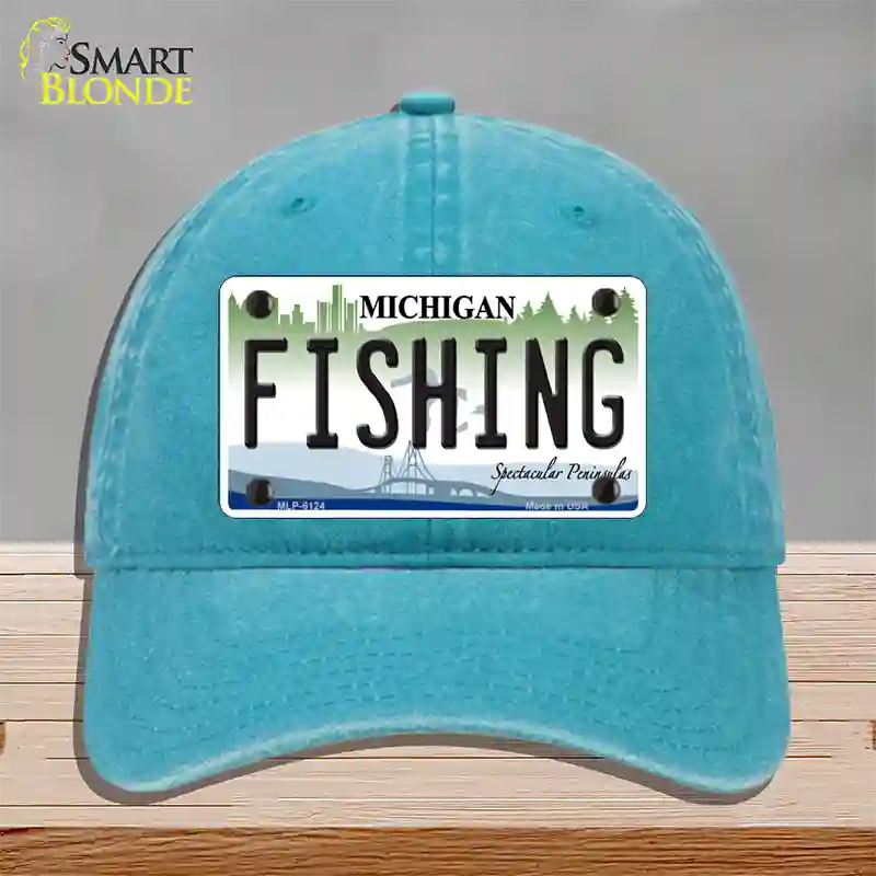 Fishing Michigan Novelty License Plate Hat Unconstructed Cotton / Lake Blue