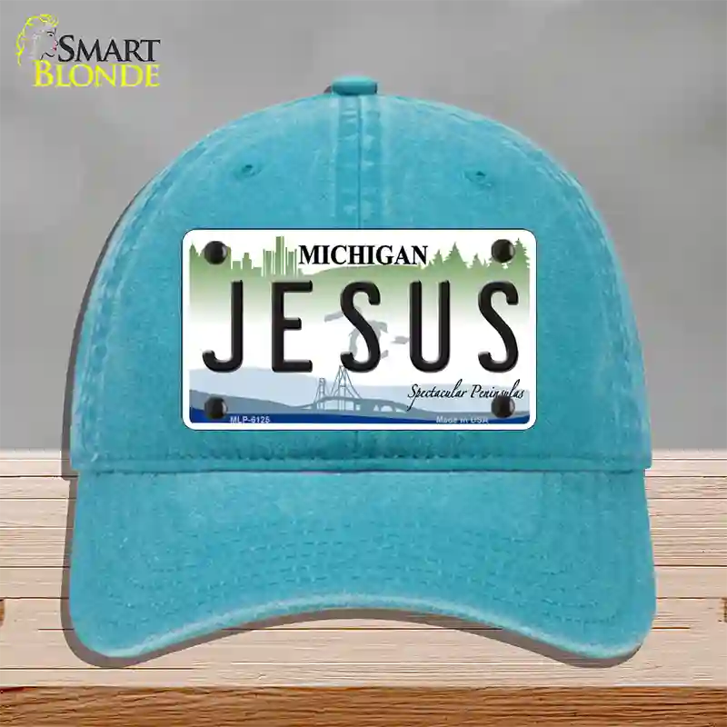 Jesus Michigan Novelty License Plate Hat Unconstructed Cotton / Lake Blue