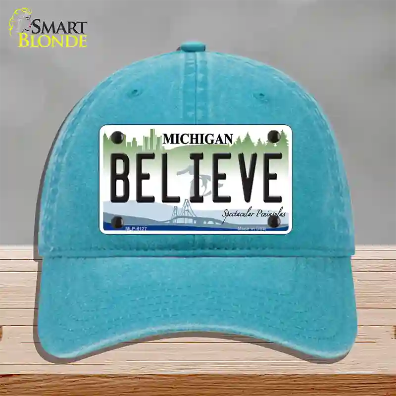 Believe Michigan Novelty License Plate Hat Unconstructed Cotton / Lake Blue