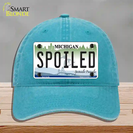 Spoiled Michigan Novelty License Plate Hat Unconstructed Cotton / Lake Blue