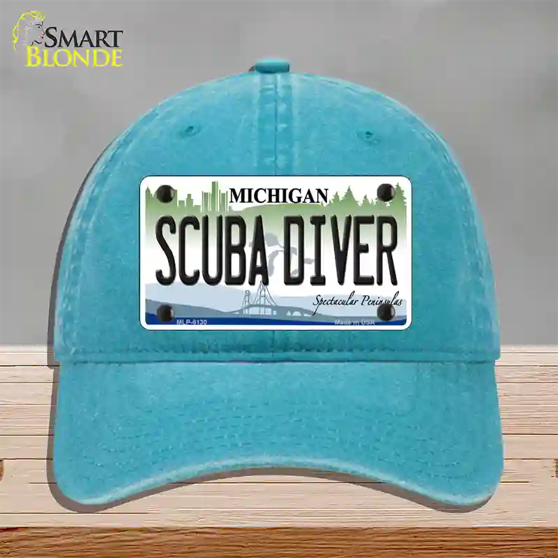 Scuba Diver Michigan Novelty License Plate Hat Unconstructed Cotton / Lake Blue