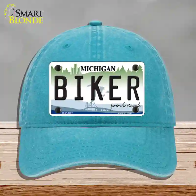 Biker Michigan Novelty License Plate Hat Unconstructed Cotton / Lake Blue