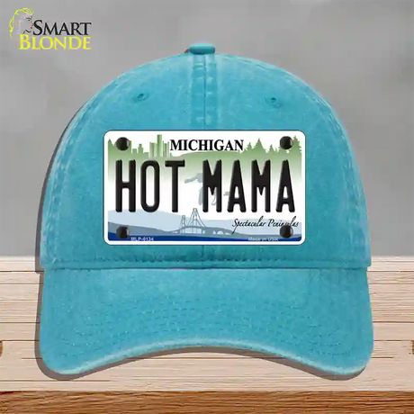 Hot Mama Michigan Novelty License Plate Hat Unconstructed Cotton / Lake Blue