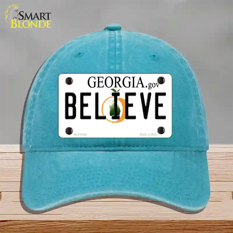 Believe Georgia Novelty License Plate Hat Unconstructed Cotton / Lake Blue